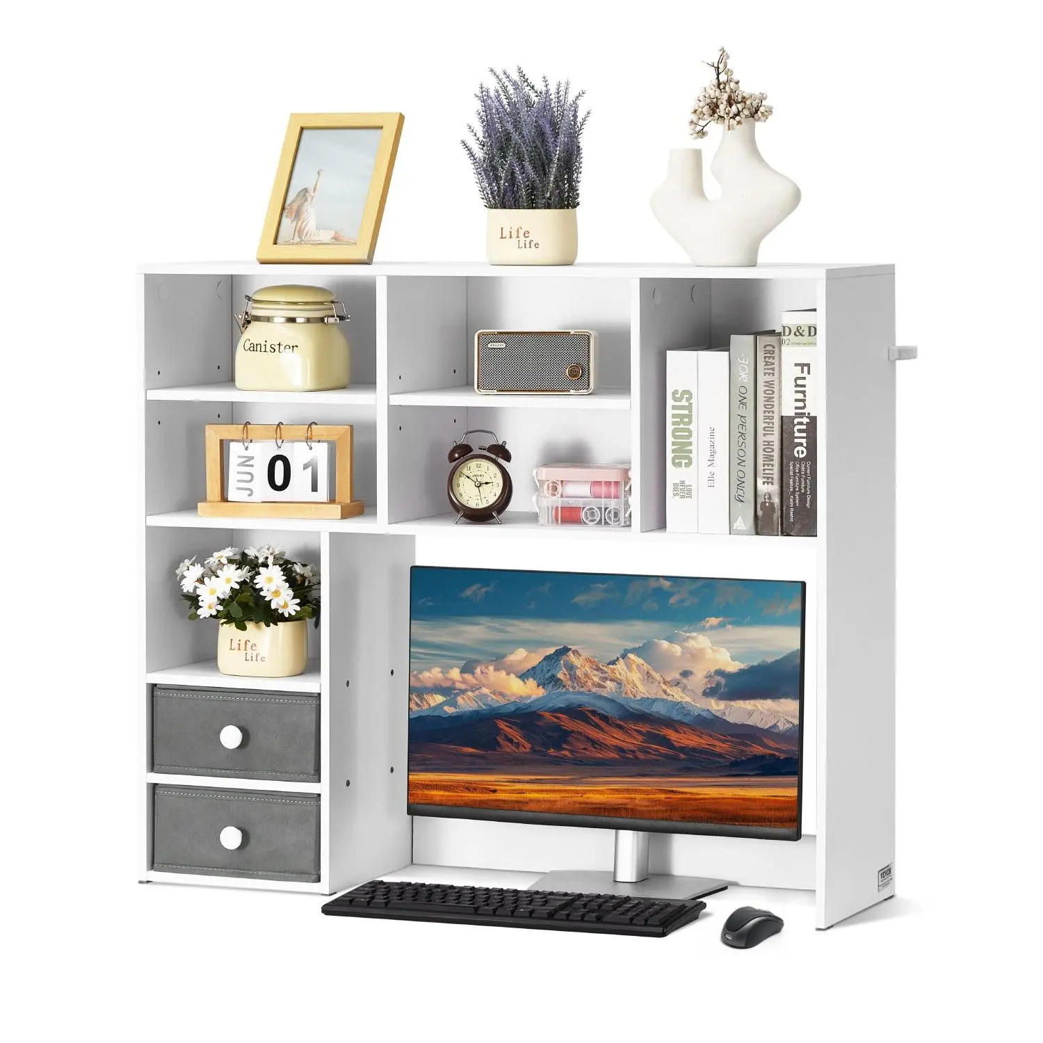 VEVOR Desktop Bookshelf, 3-Tier Desktop Storage Organizer, 37" x 10"x 31.1" Office Storage Rack Wood Display Shelf, Desktop Bookshelf Hutch with Two Fabric Drawers, for Office, Home Dorm, White