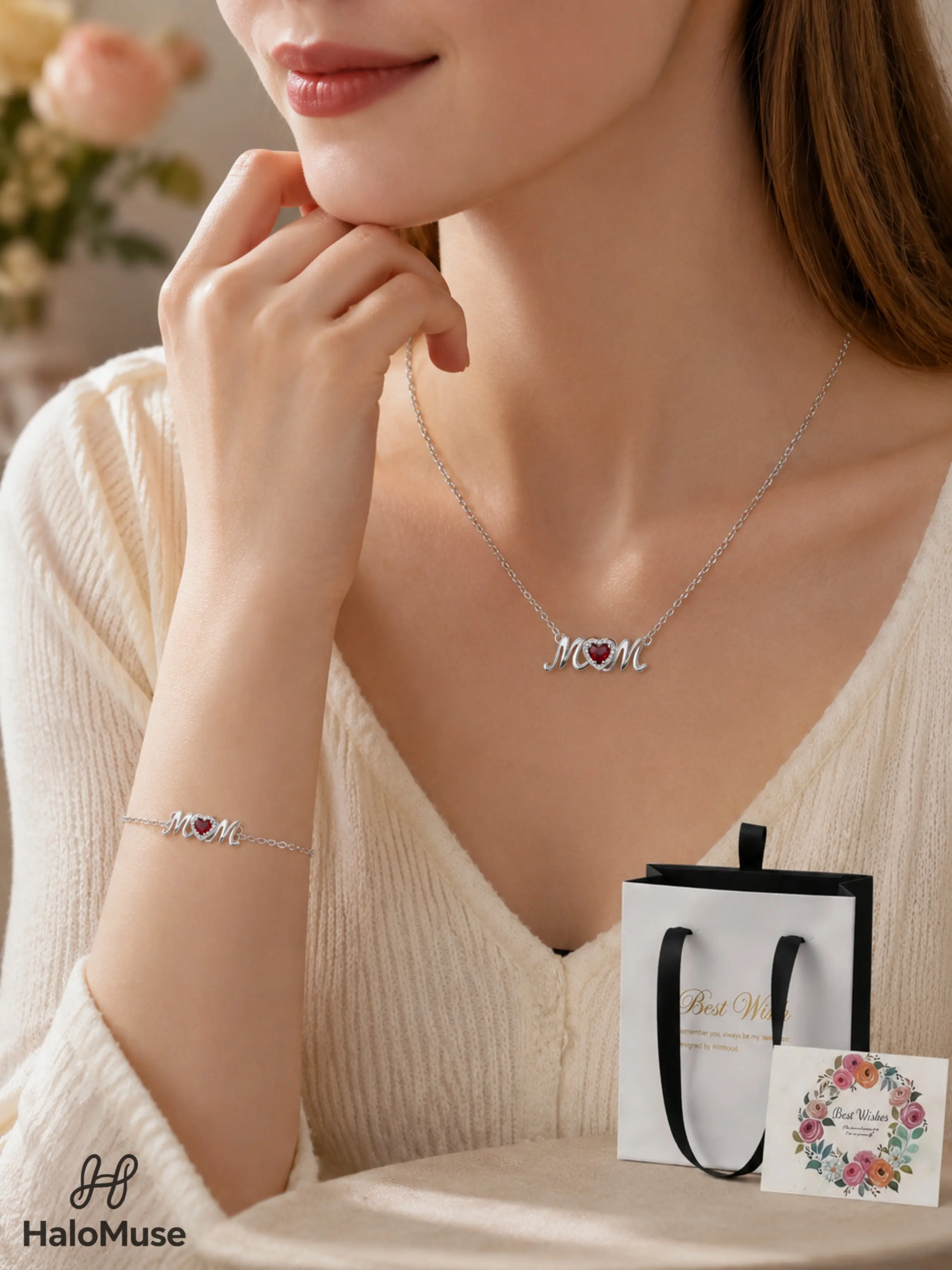 Halo Muse 1 Set Mom Heart Bracelet + Necklace Gift Set, Romantically Sparkling Red Diamond MOM Charm with Adjustable Silver-Tone Chain, Pull Gift Box, Floral Card and Gift Bag, Mother’s Day, Birthday and Christmas Gift for Mom