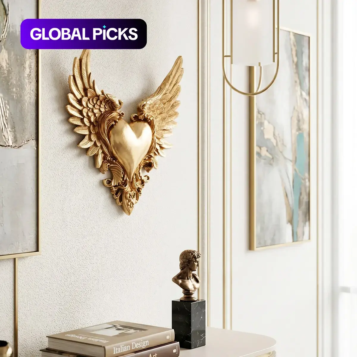 European Vintage Gold Heart Wings Wall Decor, Decorative Hanging Piece, Resin Hand-Painted 3D Heart and Symmetrical Wing Relief, DIY Home Decoration, Interior Decoration, Religious Ornament, Wall Hanging Decoration #GLOBAL PICKS
