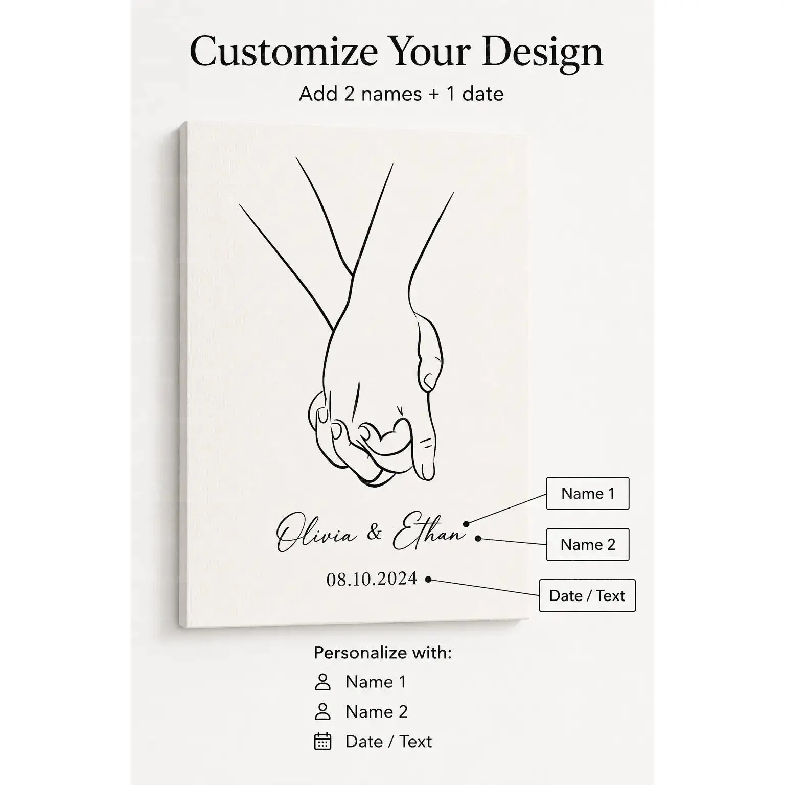 Custom Couple Hand Holding Canvas Poster Personalized 2 Names Date Print, Minimalist Love Line Art Wall Decor, Anniversary Wedding Gift, Bedroom Living Room Decor, Aesthetic Poster Print, Custom Canvas Wall Decor