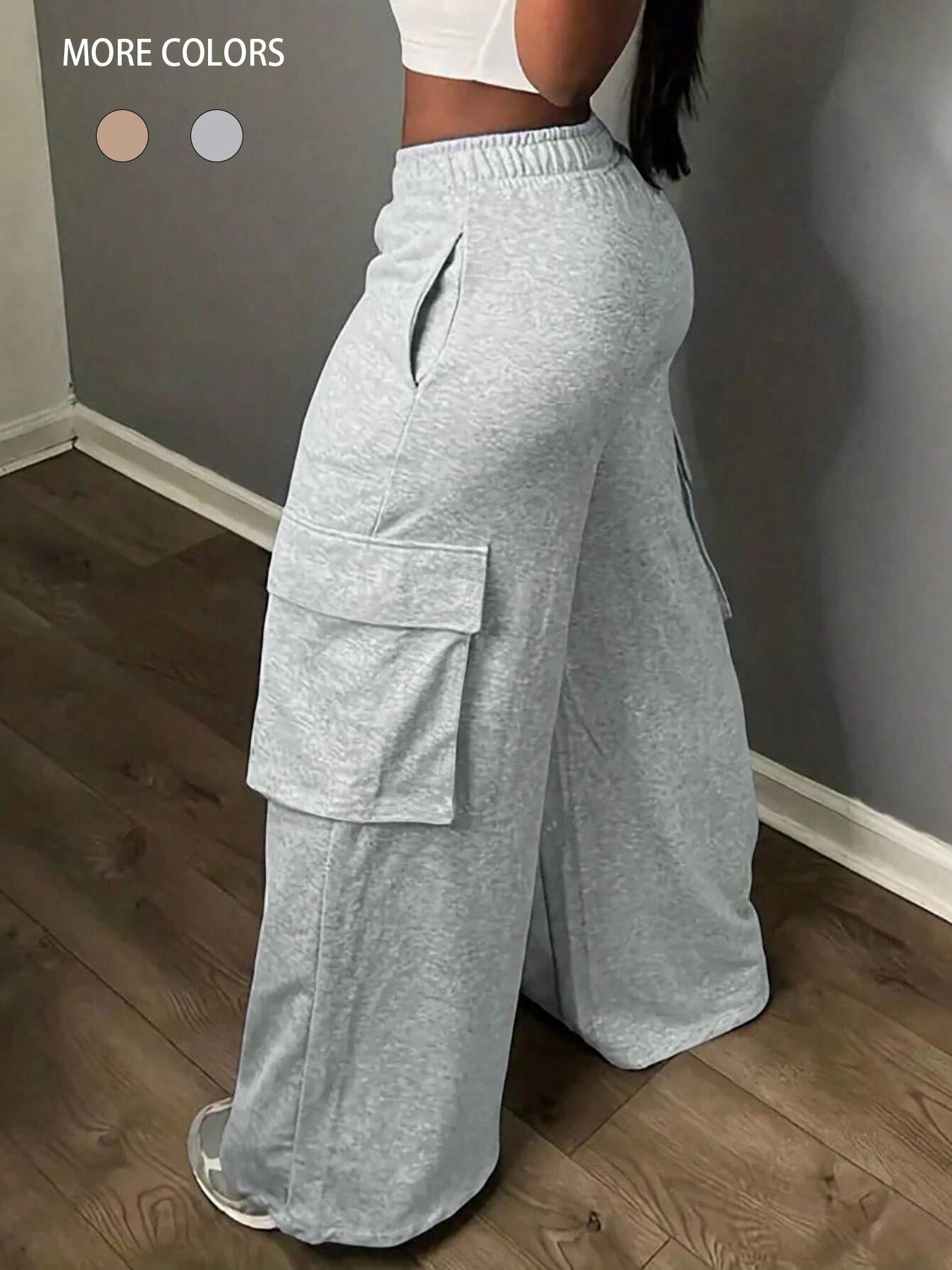 Women's Plain Flap Pocket Cargo Pants Knit, Casual Aesthetic Streetwear Wide Leg Trousers for Spring & Fall, Women's Bottoms for Daily Wear