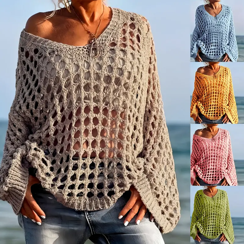 Women's Hollow-Out Knit Cover-Up, Sexy Long Sleeve Polyester Top for Beach Holiday and Summer Street Style
