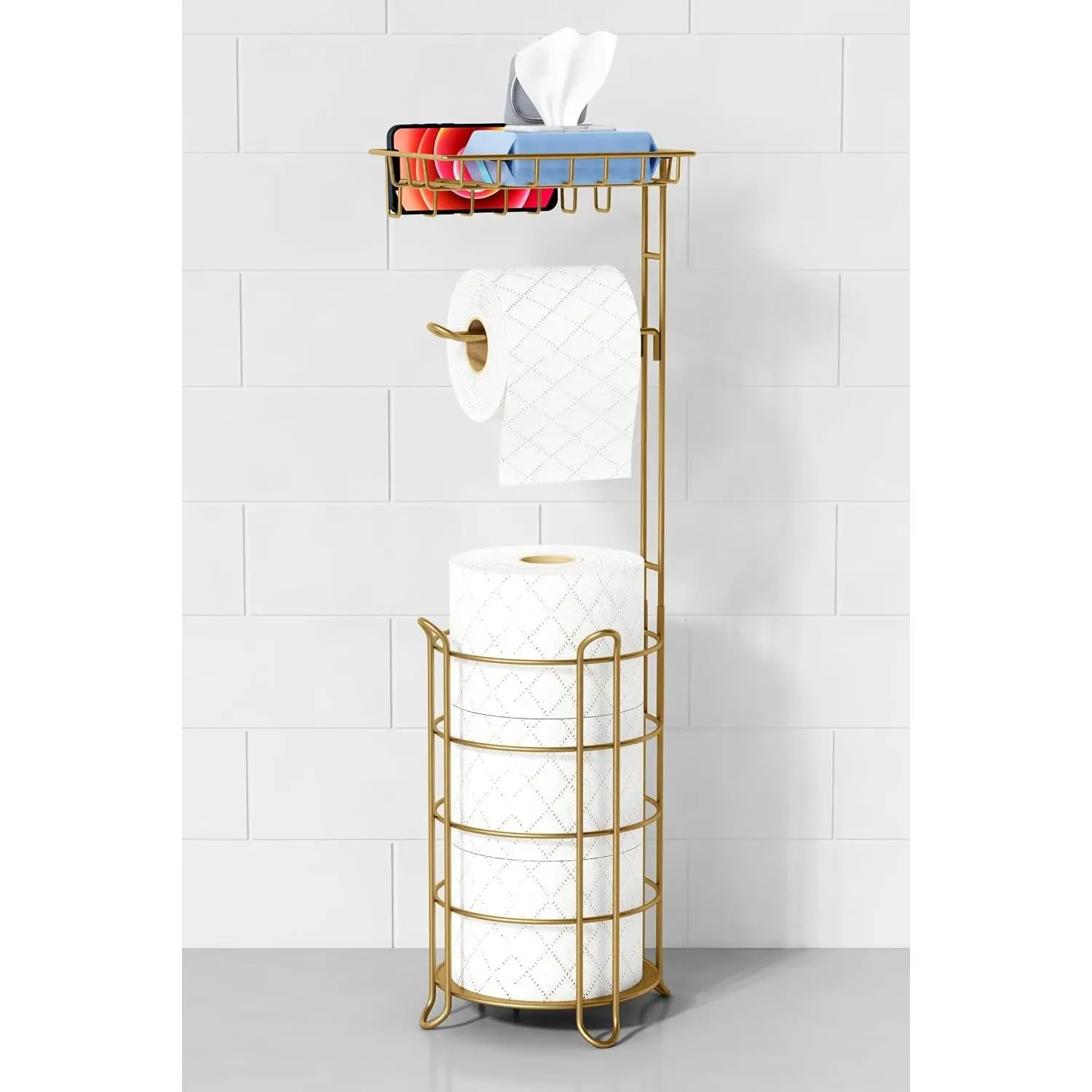 Free Standing Toilet Paper Holder with Phone Shelf, Floor Metal Bathroom Tissue Stand for Large Mega Rolls with Wipes Storage Tray, Gold