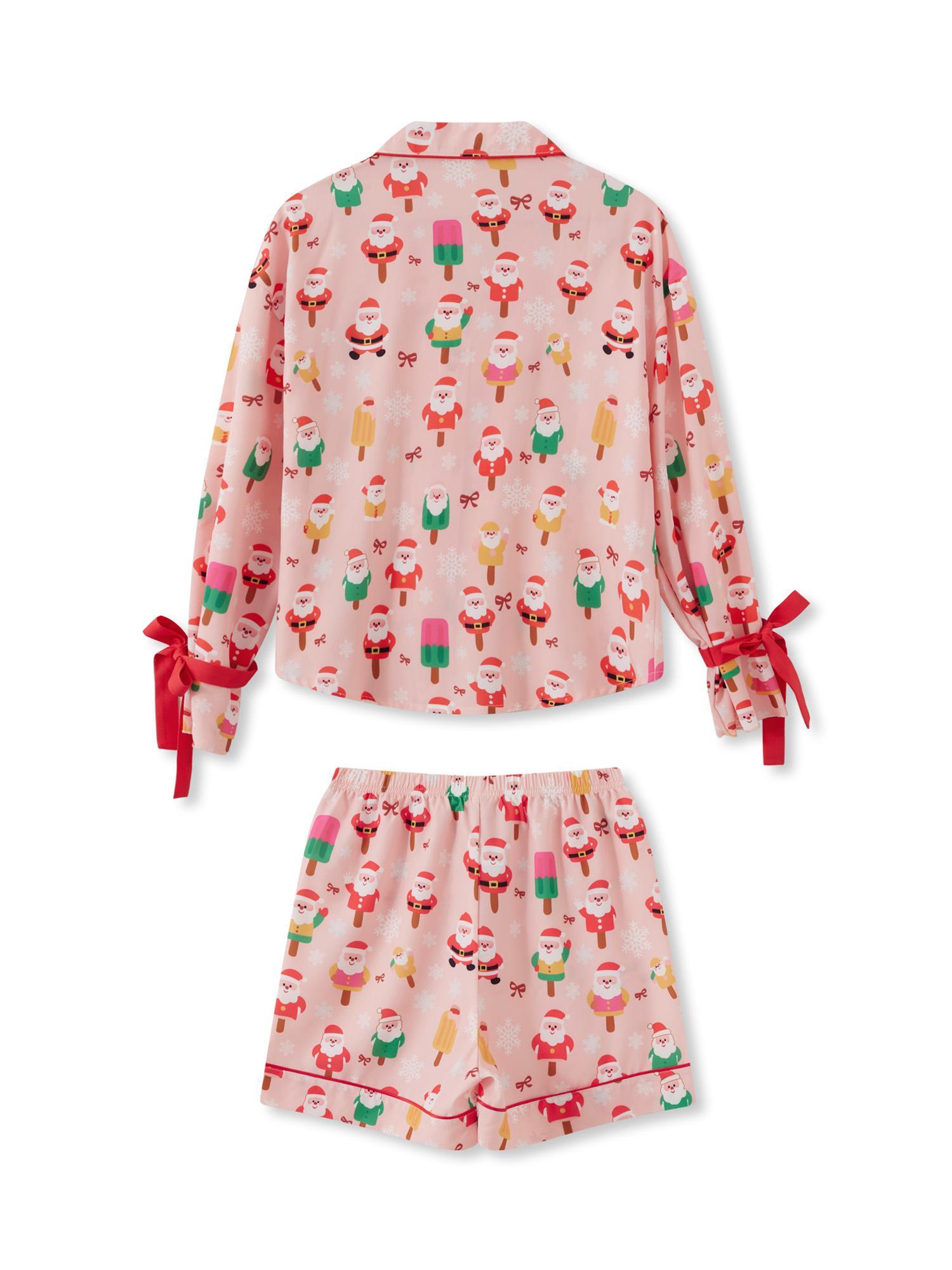 Women Fashion Christmas Pajama Sets Santa Print Tie-up Long Sleeve Button-up Shirts Tops and Elastic Waist Shorts Xmas Sleepwear