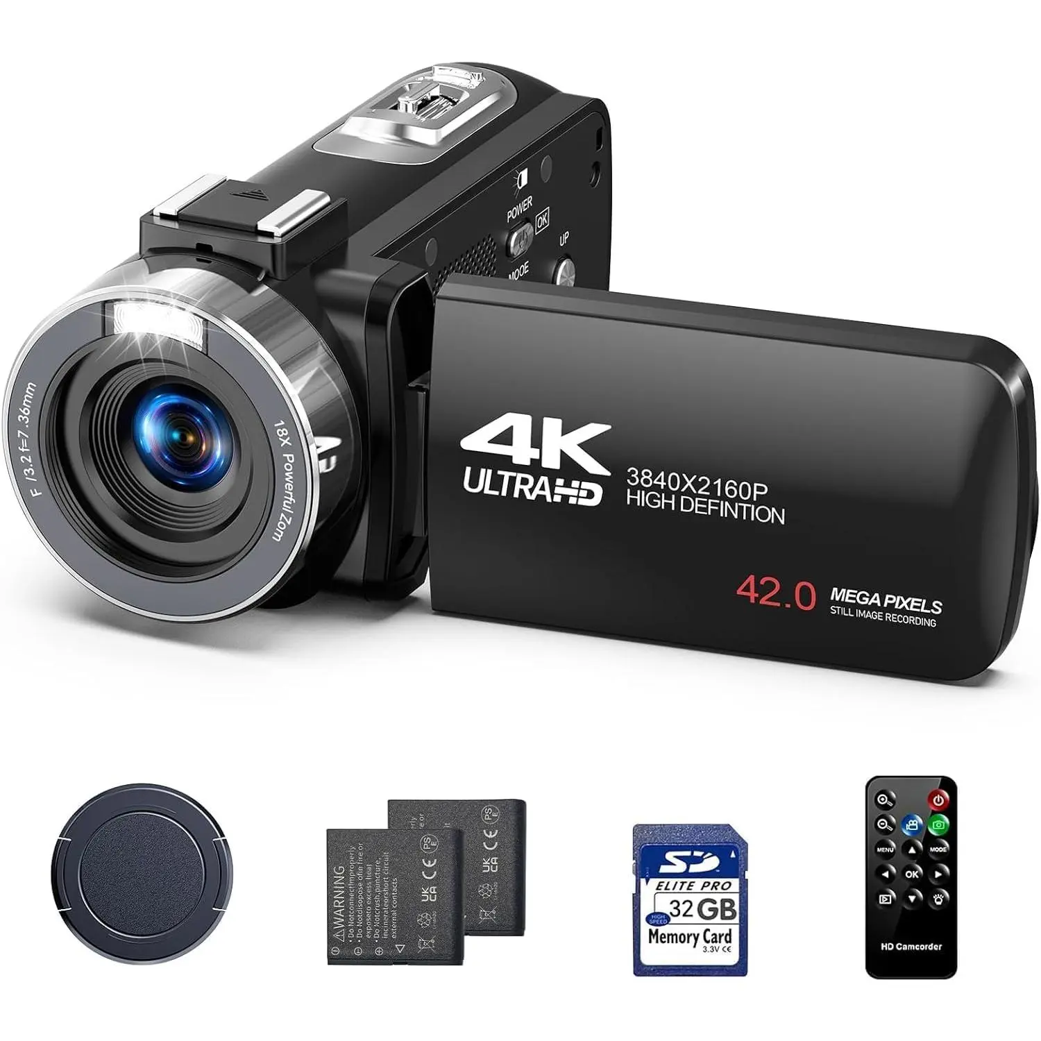 Camcorder Video Camera 4K Digital Camera for Vlogging 42MP 3” 270° Rotation Screen 18X Digital Zoom Cam Corder for YouTube with 2 , 32GB SD Card, Remote Control