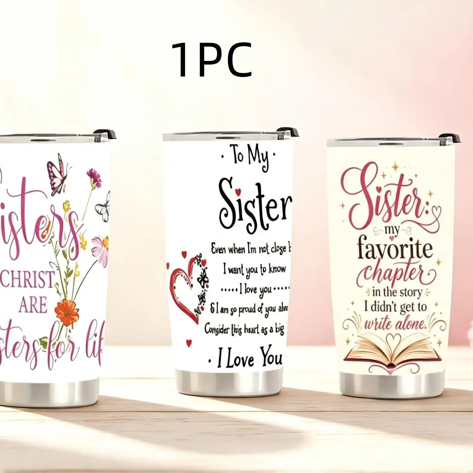 1pc 20oz Inspirational Sister Quote Stainless Steel Insulated Tumbler, Floral Butterfly Christian Sisters Print Portable Water Cup, Suitable For Office, Outdoor Camping, Gym Sports, Perfect Holiday Gift For Valentine's Day,Halloween, Christmas, New Year'