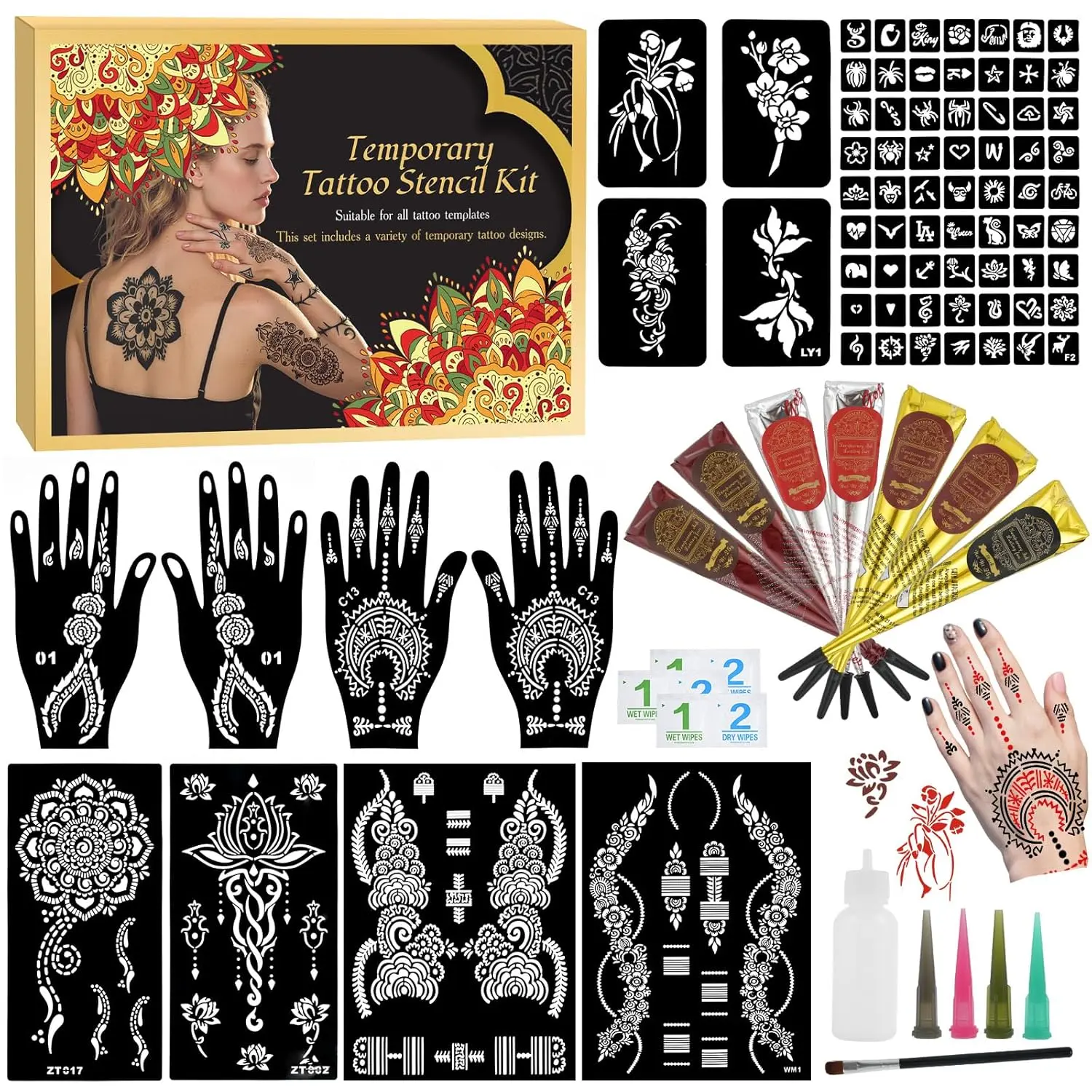 7PCS Tattoo Cones Temporary Tattoo Kit,4Color(2*Brown,2*Maroon,2*Cherry Red &1*Black) Ink with Large Designs Stencils,Separate Bottle with 4 Bottle Mouths,DIY Body Art Painting for Women Men Kids