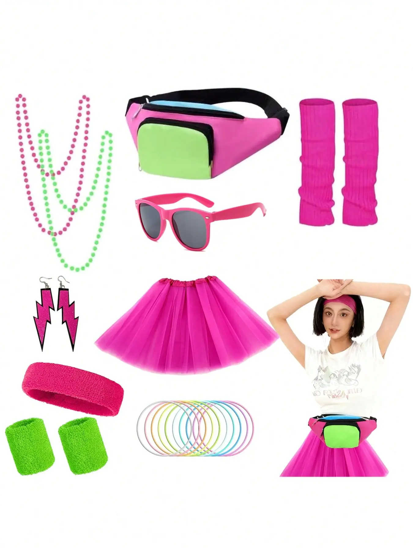 80s Neon Fluorescent Retro Party Cosplay Costume Set, Mesh Skirt, Waist Bag, Sunglasses, Lightning Earrings, Beads, Headband, Wristbands, Leg Straps, Bracelets