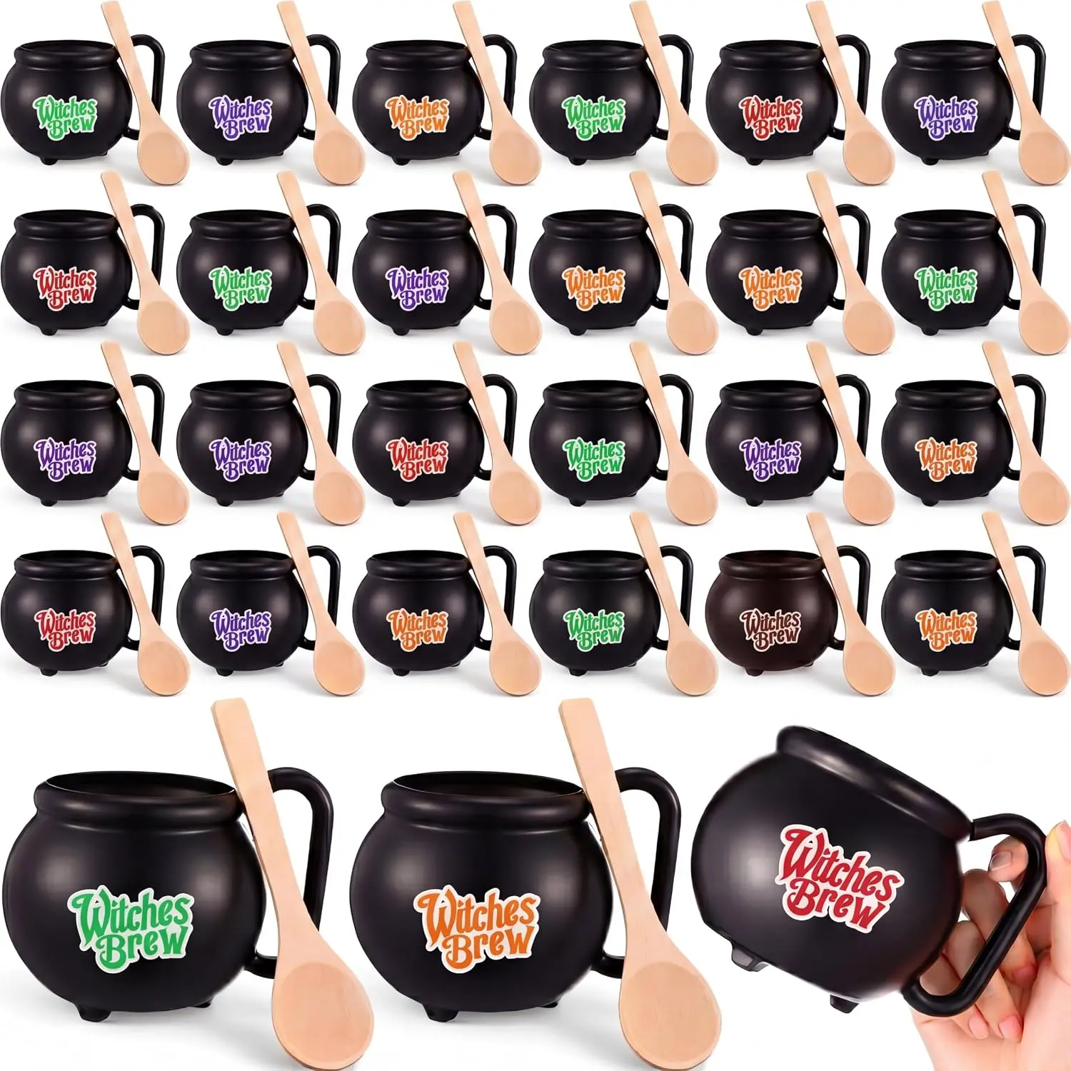 48 count Cauldron Mugs with Spoons,Single-sided Print,Multicolors | 15 Oz Witches Brew Cups for Drinks, Halloween Favors, Double-sided Print,  Theme Decorations, Bulk Set for Parties