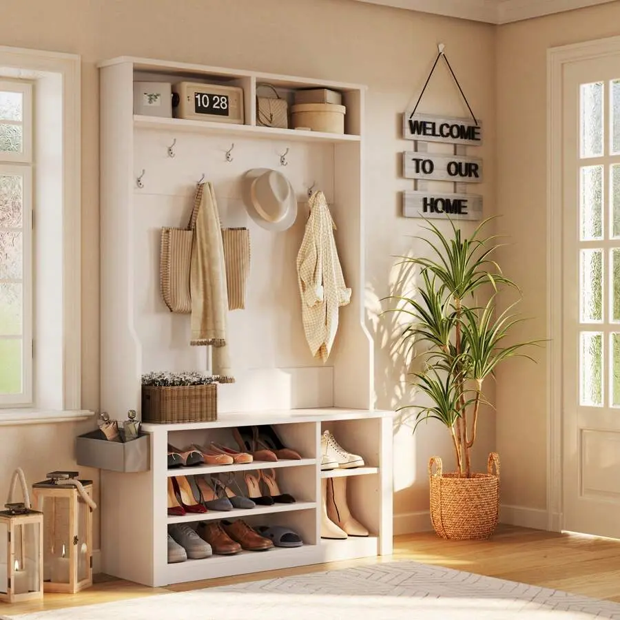Modern Hall Tree with Shoe Storage - Front-Facing Hallway Furniture, Front Entryway Mudroom Bench with Coat Rack, Gifting Ideas