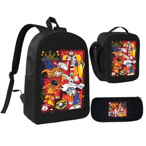 Bone King Albedo Gothic Black, White, and Red Three-Piece School Bag Set, including a backpack, insulated lunch bag, and stationery storage bag, for daily use by teenagers