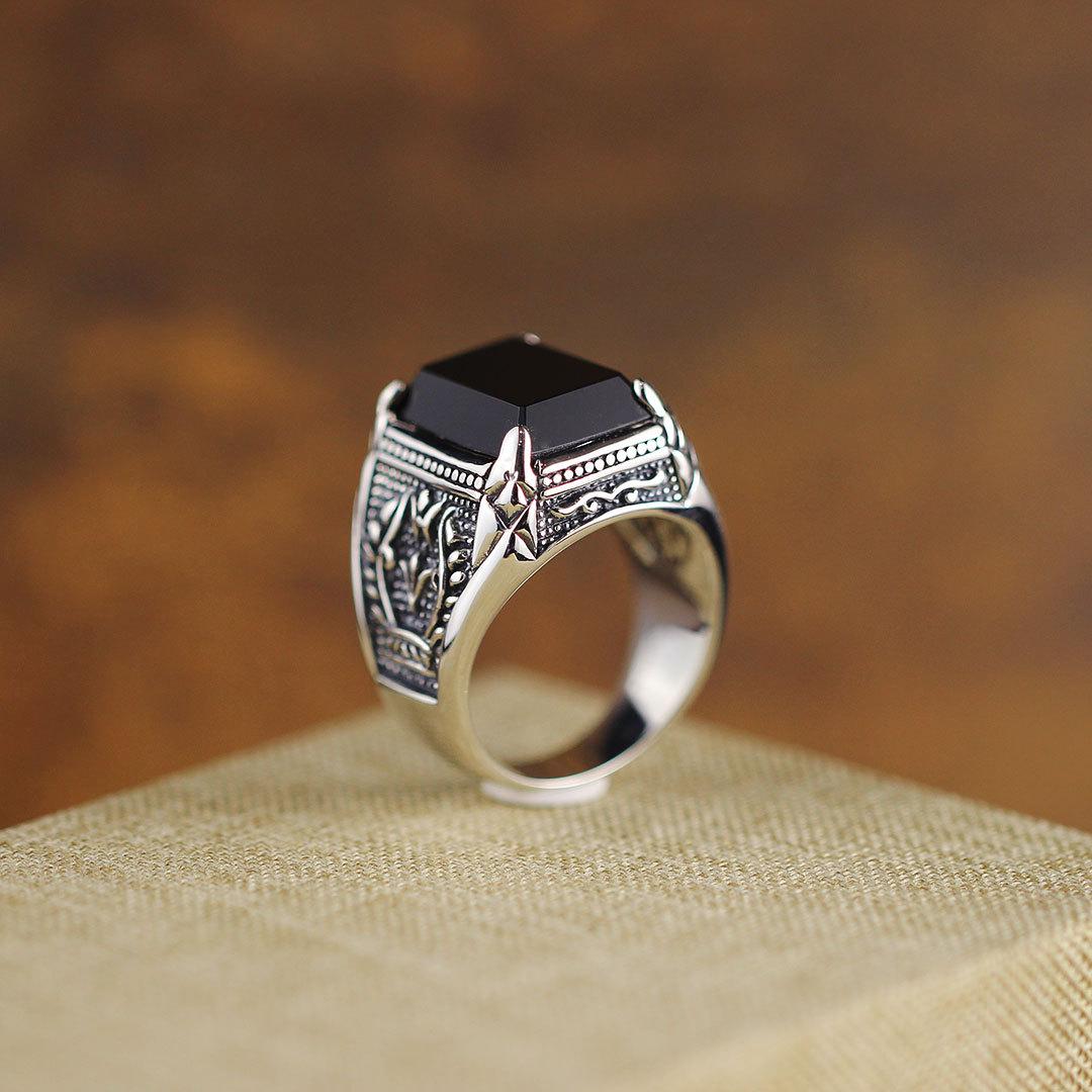 New silver advanced creative geometric diamond inlaid black agate gemstone men's lady domineering exaggerated adjustable ring