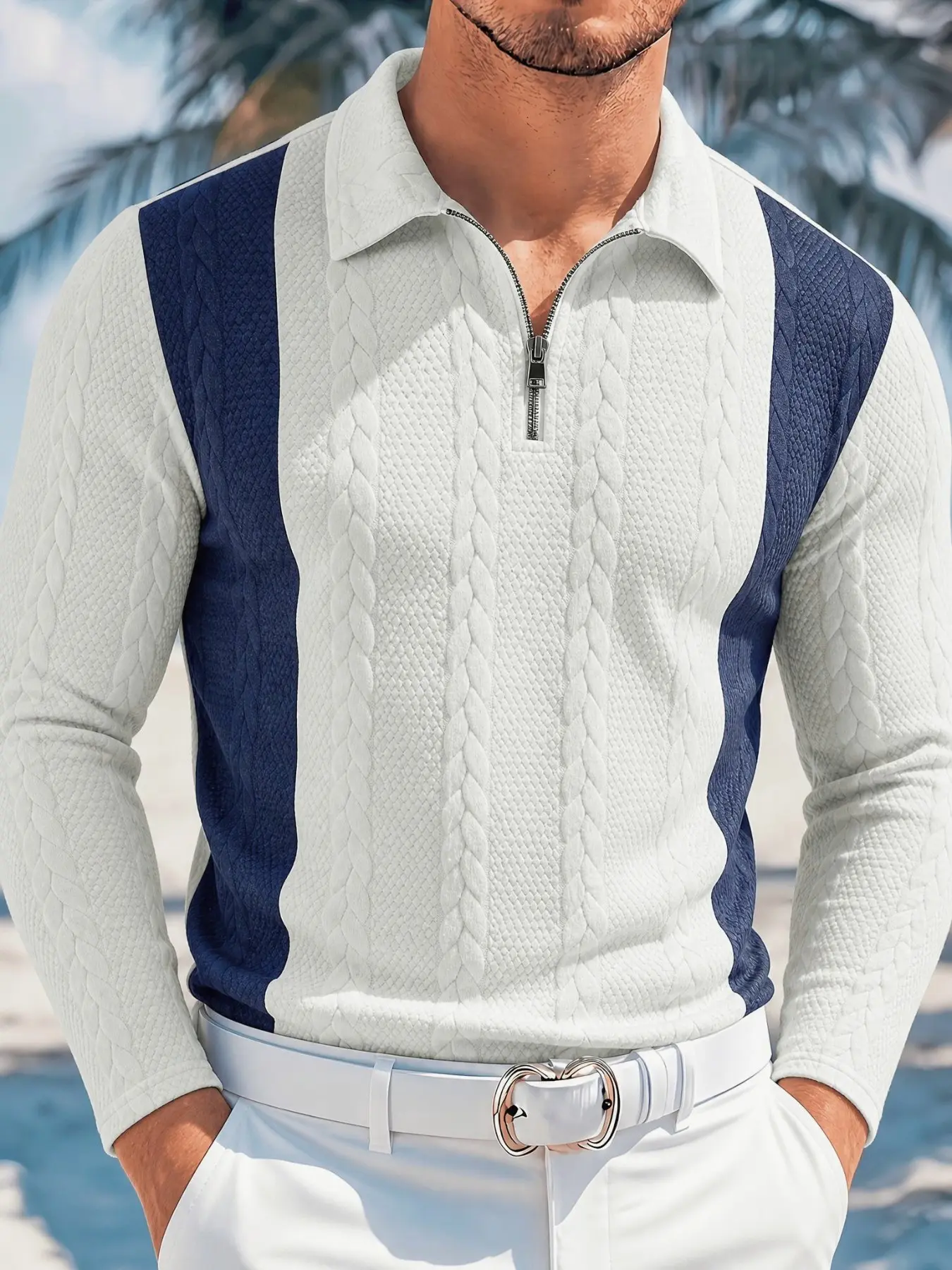 Autumn Winter New Style Polo Shirt, Loose-Fitting Long Sleeve Knitwear, Solid Color Half-Zip Design, Trendy Fashion Top for Men