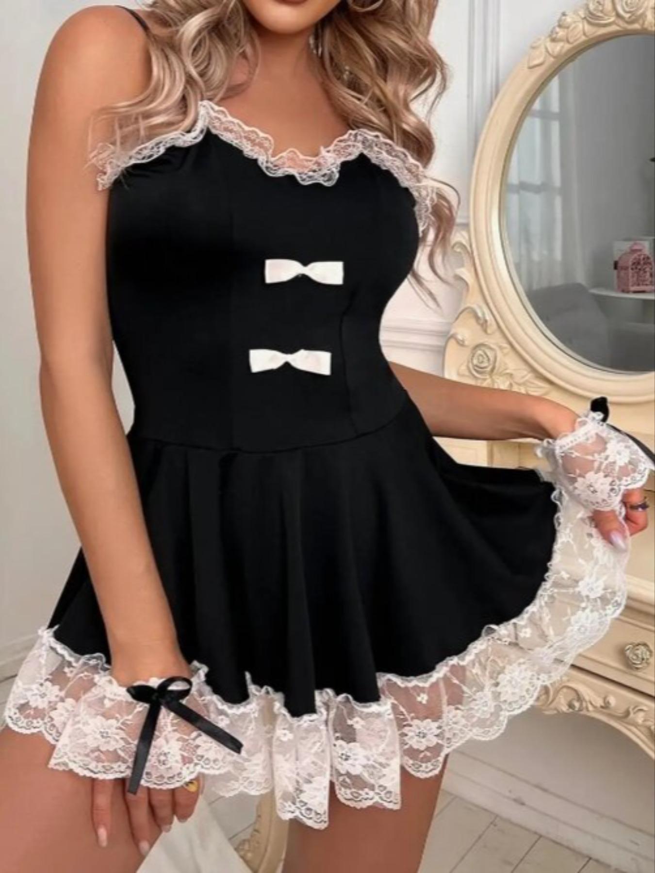 Women's Contrast Lace Bow Decor Backless Cami Dress With Wristbands, Elegant Fashion A-line Nightdress, Women's Nightgown