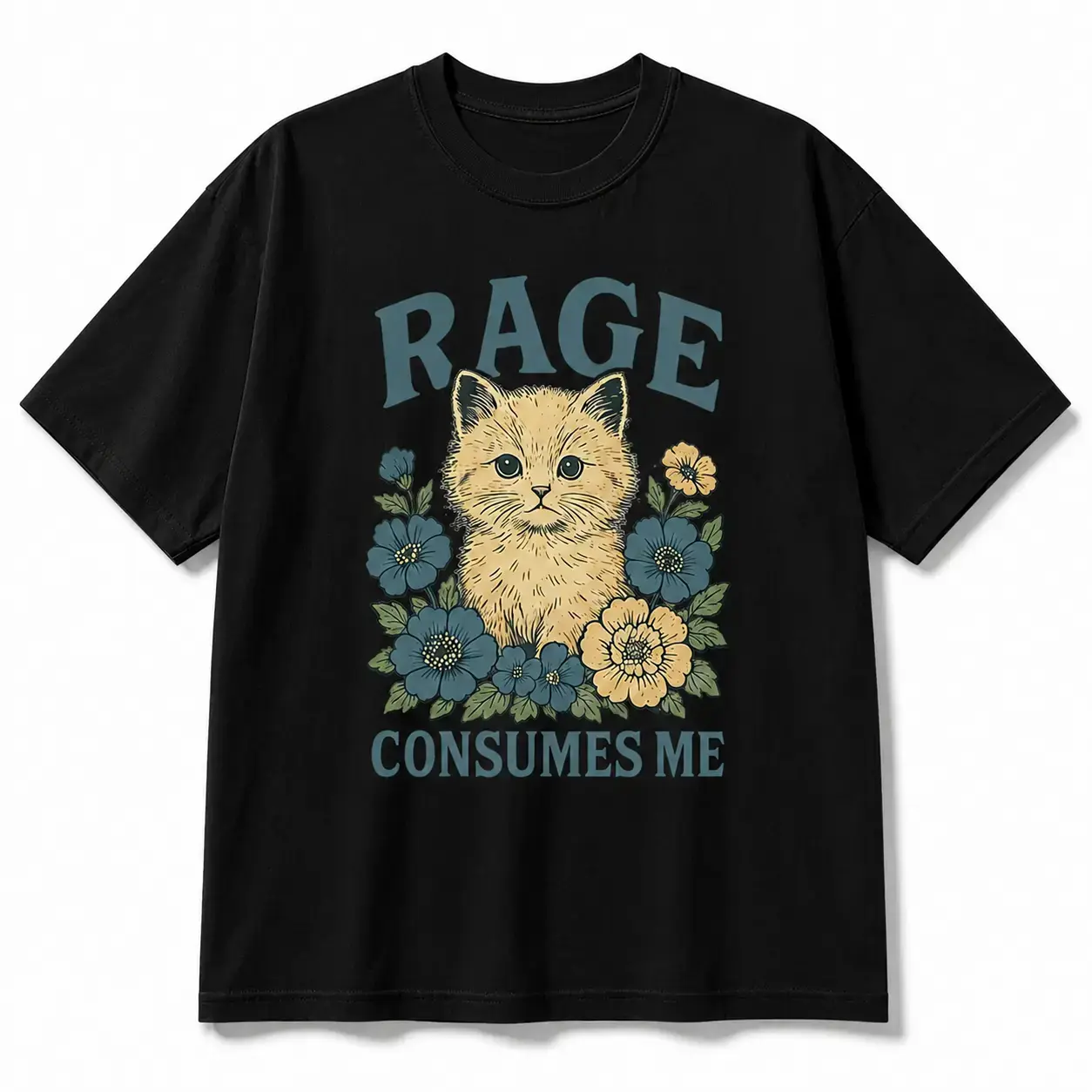 Cat Meme Shirt - Funny Cat T-Shirt, Kitten Weirdcore T Shirt, Rage Consumes Me, Sarcastic Graphic Tee, Shirt-funny cat lady Casual Round Neck