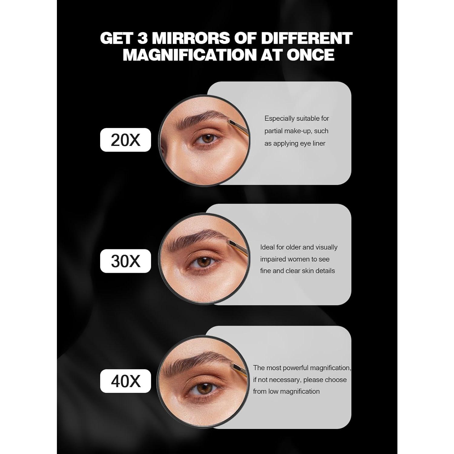 20X/30X/40X Magnifying Mirror with Suction Cups and Tweezers Set, 3.5 inches Travel Magnified Makeup Mirror, Black, 3 count