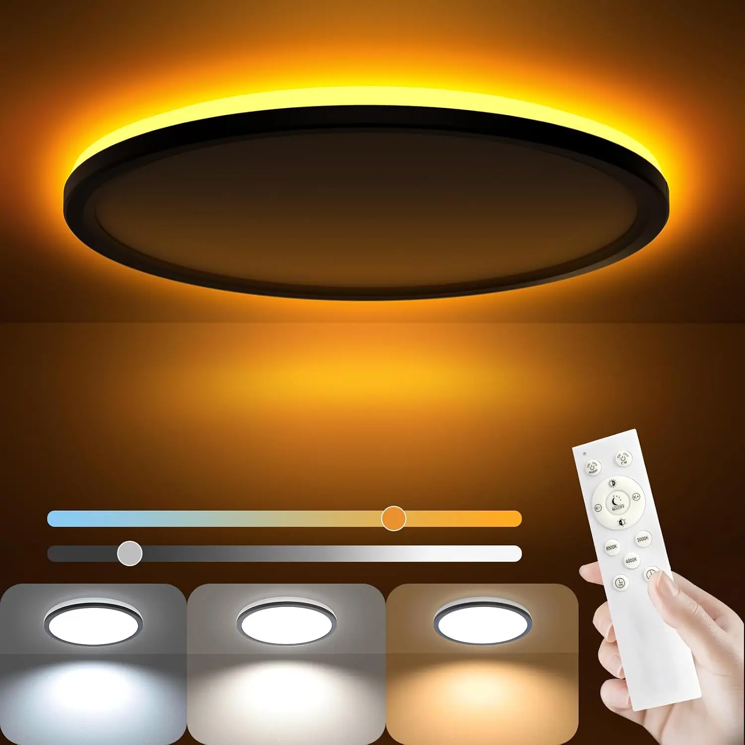 12Inch LED Flush Mount Ceiling Light with Remote Control, Dimmable Night Light 1800K 3000K/4000K/6500K 24W Low Profile Hardwiring Ceiling Lamp for Bedroom LivingRoom Kitchen Hallway-Black