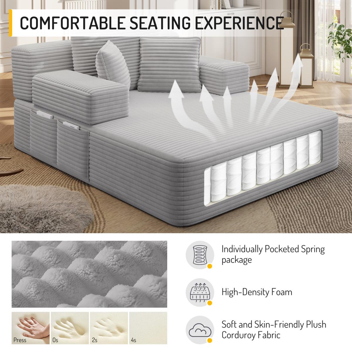 Luxurious Plush Corduroy Chaise Lounge with 3 Pillows, Convertible Sofa Bed with Storage Pocket, Frameless Design & Compression Foam for Small Spaces, Living Room, Apartment,Light Grey
