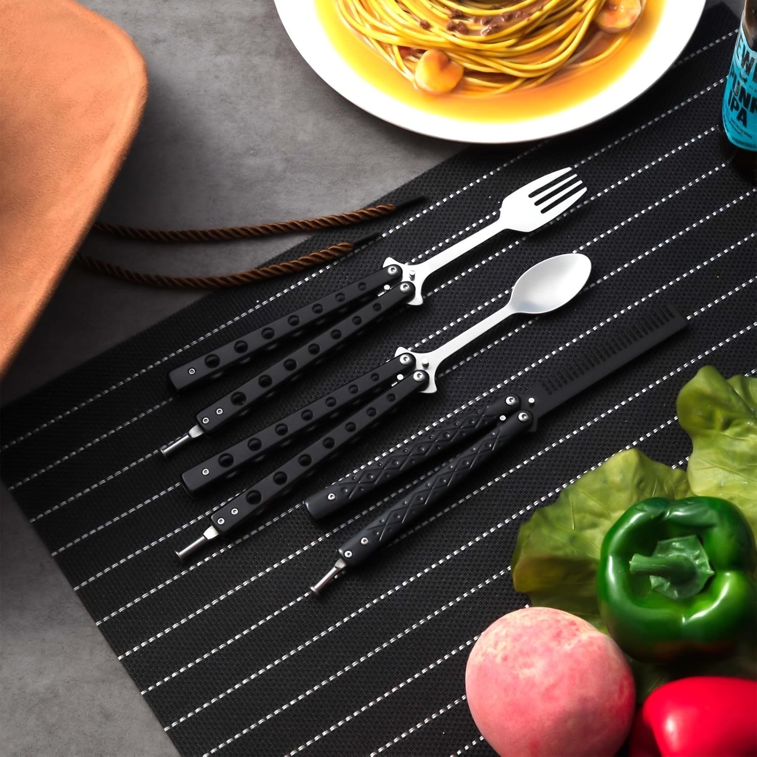 For Camping, Hunting & Outdoor Travel, Portable Tactical Tableware Solution, Folding Butterfly Fork Spoon Set, Stainless Steel Multi-function Portable, Effortlessly Handle Outdoor Tactical Portable Dining, 3 Pack