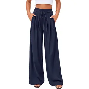 Womens Summer Wide Leg Dress Pants Business Casual Work High Waist Baggy Tie Trousers Pleated Palazzo Slacks