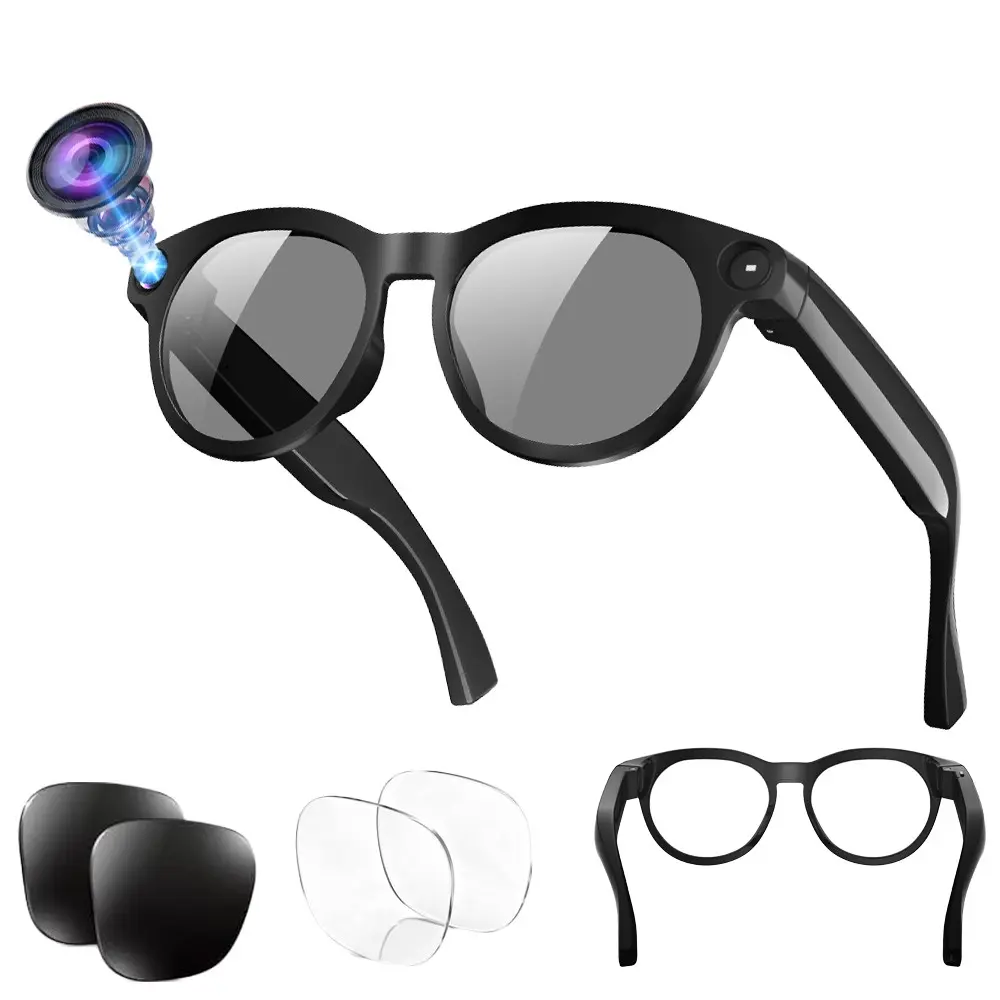 Bluetooth AI Smart Glasses with Camera,8MP Camera, Hands-free Recording, 4GB Memory, 290Mah Battery,AI Real Time Translation, Video Call Translation,Build-in Mic & Speakers, Bluetooth Calling, Music Control , 2 Lenses Total (Transparent +Black)