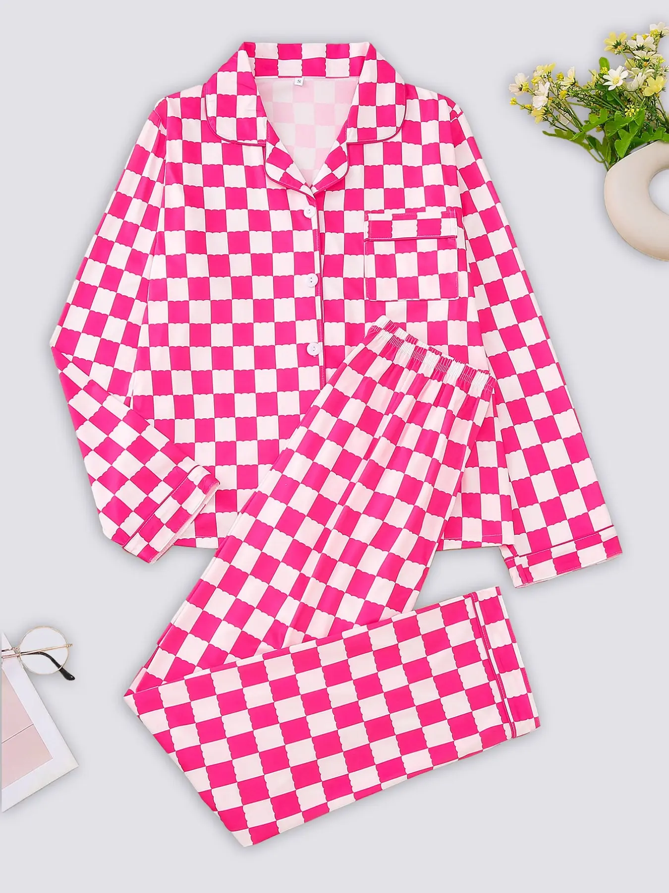 Women's Plaid Pajama Set, Long Sleeve Fitted Sleepwear, Soft Comfortable Fabric, Casual All-Seasons Nightgown, Button Front Design