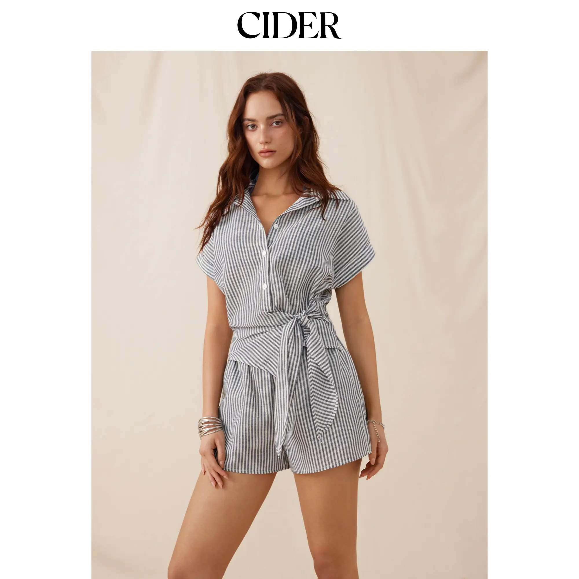 Cider Linen-blend Striped Collar Twist Knot Mid Rise Romper
