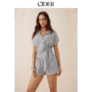 Cider Linen-blend Striped Collar Twist Knot Mid Rise Romper