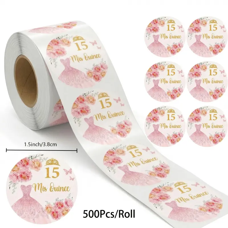 500Pcs Mis Quince 15 Roll Sticker, Birthday Stickers Spanish Theme Adult Party Decorations for 15 Years Old Birthday Party Supplies,1.5 Inch Sticker Rolls
