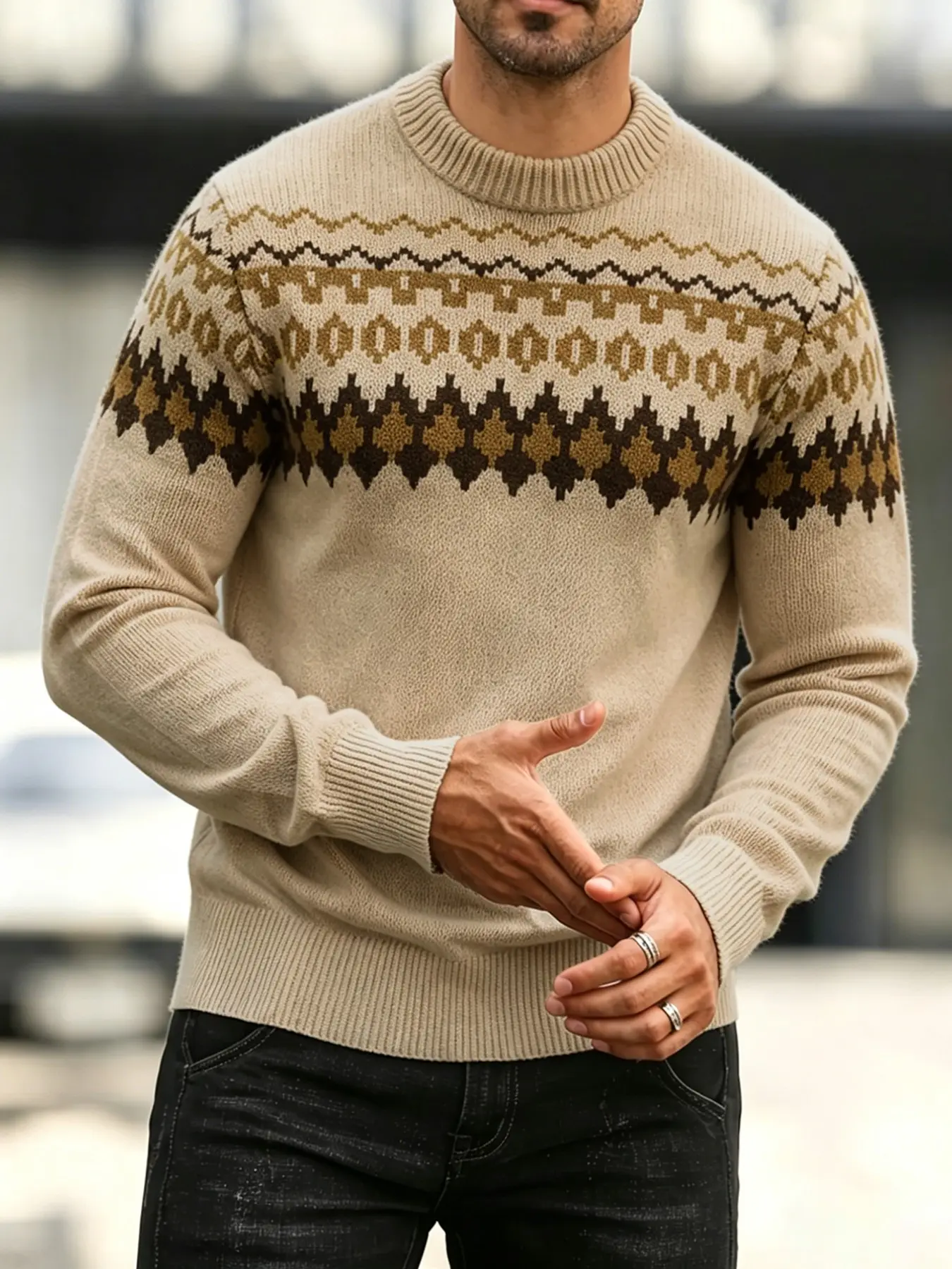 Men's Casual Round Neck Sweater, Ethnic Style Colorblock Design, Long Sleeve Loose Fit, Fall & Winter Fashion, Versatile Knit Pullover