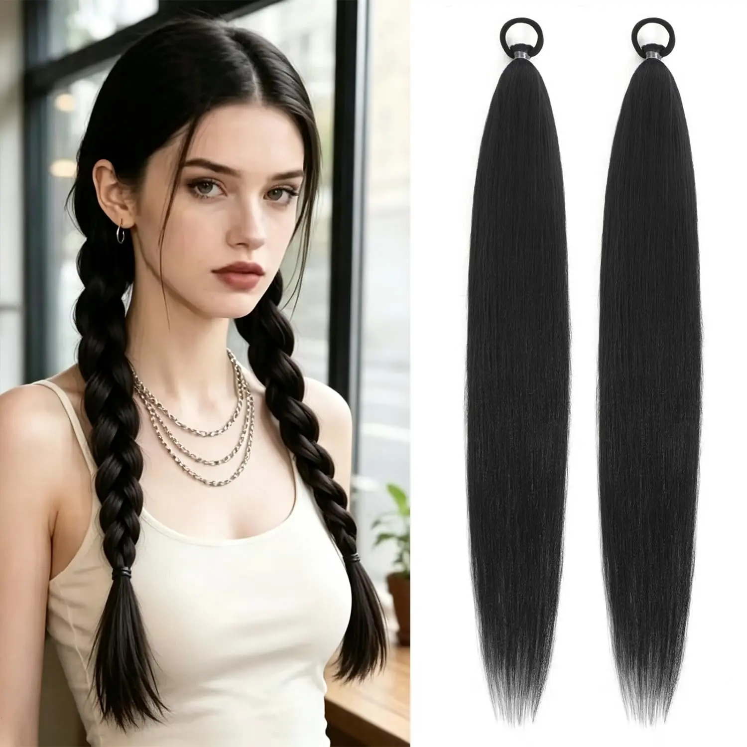 2 Pack Braid Ponytail Extensions Yaki Straight 1B Black 26 Inch | Synthetic braiding hair with elastic wrap tie 50g per pack  1B black lightweight for women party  DIY hairstyle