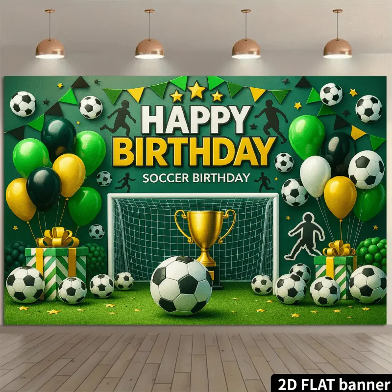 2D Flat Passionate Football Birthday Backdrop Banner, Featuring a Goal+ Golden Trophy+ Football+ Balloons+ Player Silhouettes, Made of Polyester Fabric, No Power Required, Suitable for Football-themed Birthday Parties, Can Be Used Indoors