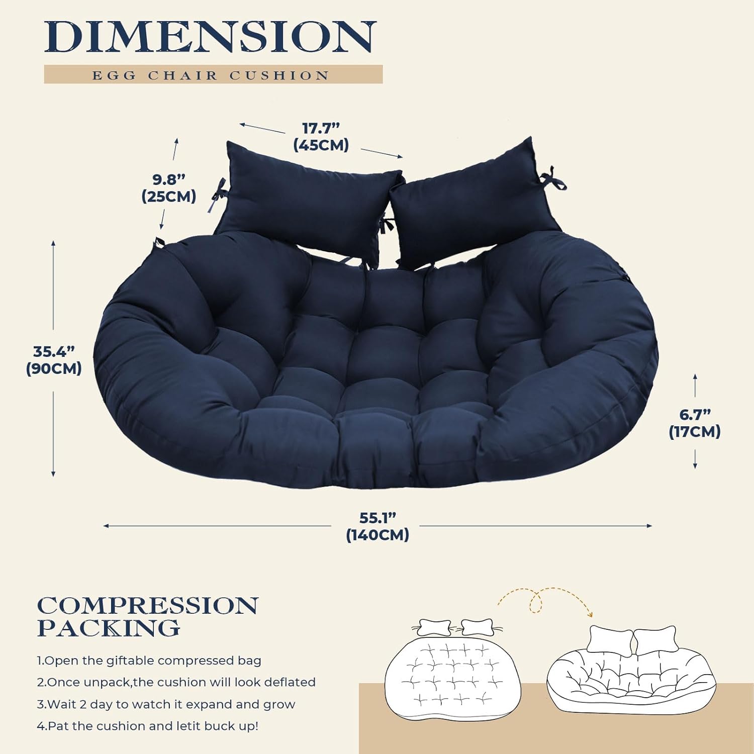 Double Egg Chair Cushion Replacement 55x35in -Thickened  Removable Double  Egg Chair Cushions, Swing Chair Cushion, Indoor/Outdoor Patio  Basket Chair Cushions,Blue