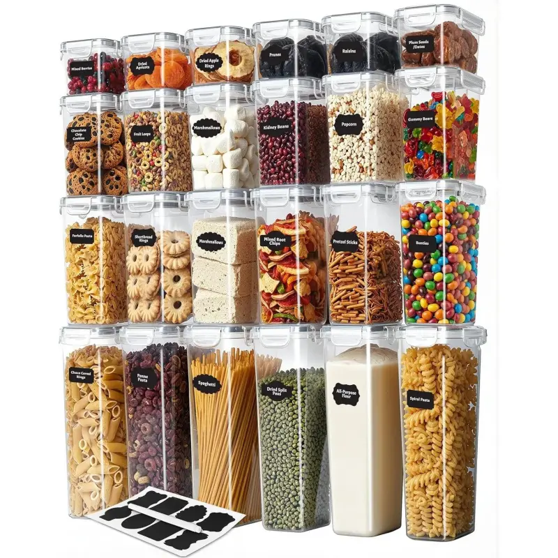 24-Piece Airtight BPA-Free Food Storage Containers Set with Lids, Clear Plastic Stackable Pantry Organizer Canisters for Cereal, Flour, Sugar, Includes Labels