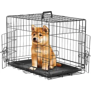 24-Inch Small Dog Crate with Divider, Double Door Folding Metal Wire Cage with Leak-Proof Plastic Tray, Portable Pet Kennel for Indoor, Outdoor, and Travel