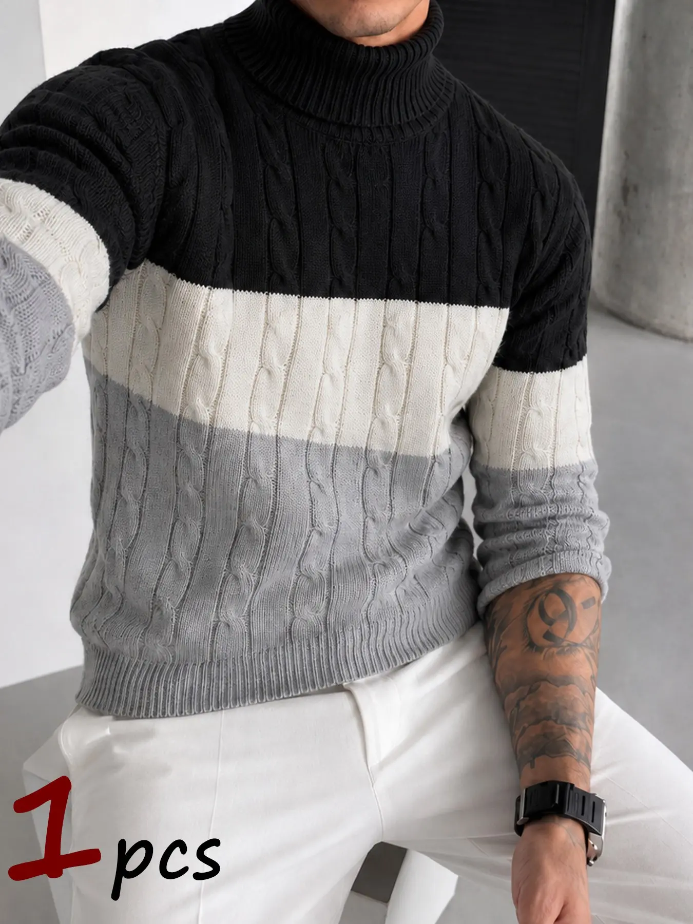 Mens Autumn Colour Block Cable Knit Roll Neck Jumper, Standard Sizes S-XXL, Thick Soft Comfort Material, Relaxed Fit, Ideal for Graduation Parties, Everyday Urban Winter Casual Looks