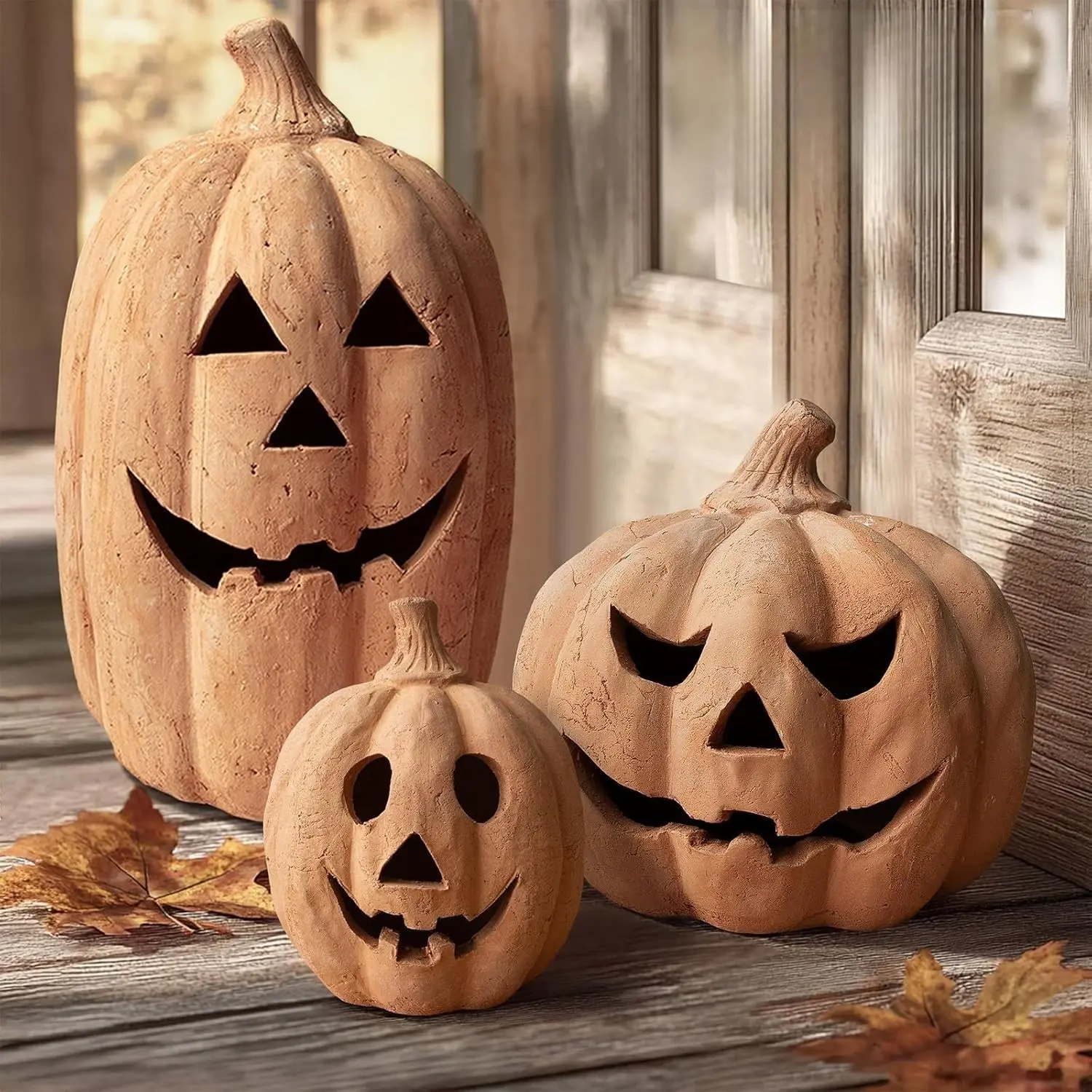 7.5"H Handmade Hollow Terracotta Pumpkin Jack O' Lantern - Multi-Size Home Decor, Indoor/Outdoor Farmhouse Rustic Accent for Porch, Front Door, Mantel, Candles, One-Piece