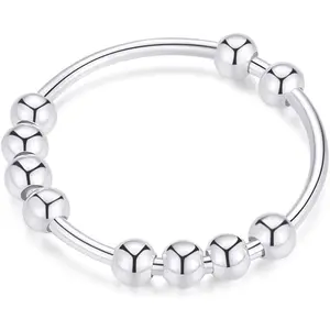 Silver Rings Anxiety Rings Fidget Ring for Women & Men 14k Gold Plated Spinner Thumb Ring with Beads Spinning Stress Relief Anxiety Fidget Jewelry Ideal Gift, Size