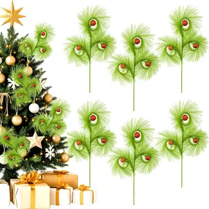 Christmas Tree Picks, 10 PCS Lime Green Furry Curly Stems with Red Glitter Balls, Flexible Christmas Tree Topper Decorations for Holiday Arrangements, Wreaths & Table Christmas Decor