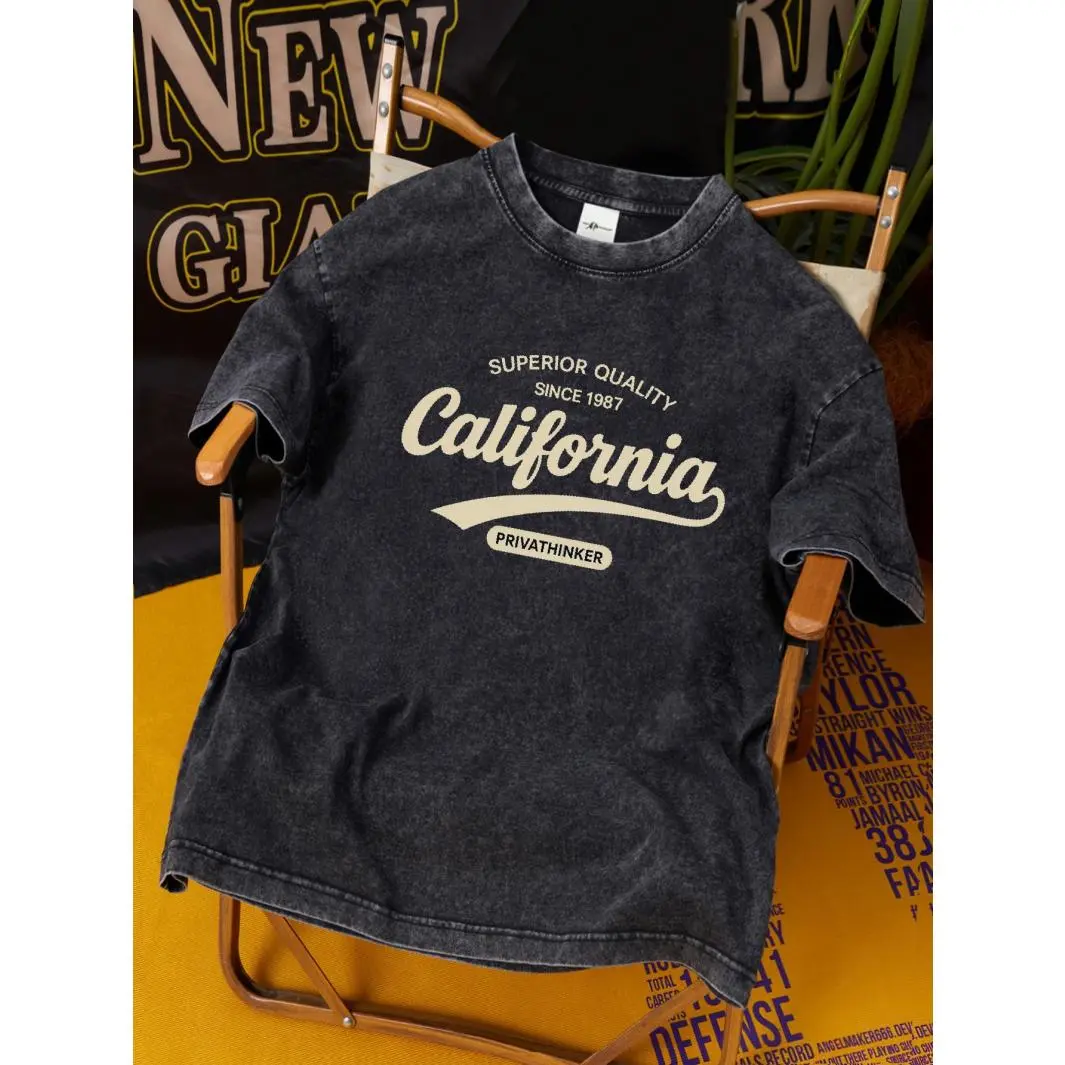 Men'S Pure T-Shirt - California Print Casual Vintage Washed Short Sleeve Tee, Round Neck Summer Top for Teens And Young Adults, Regular Fit