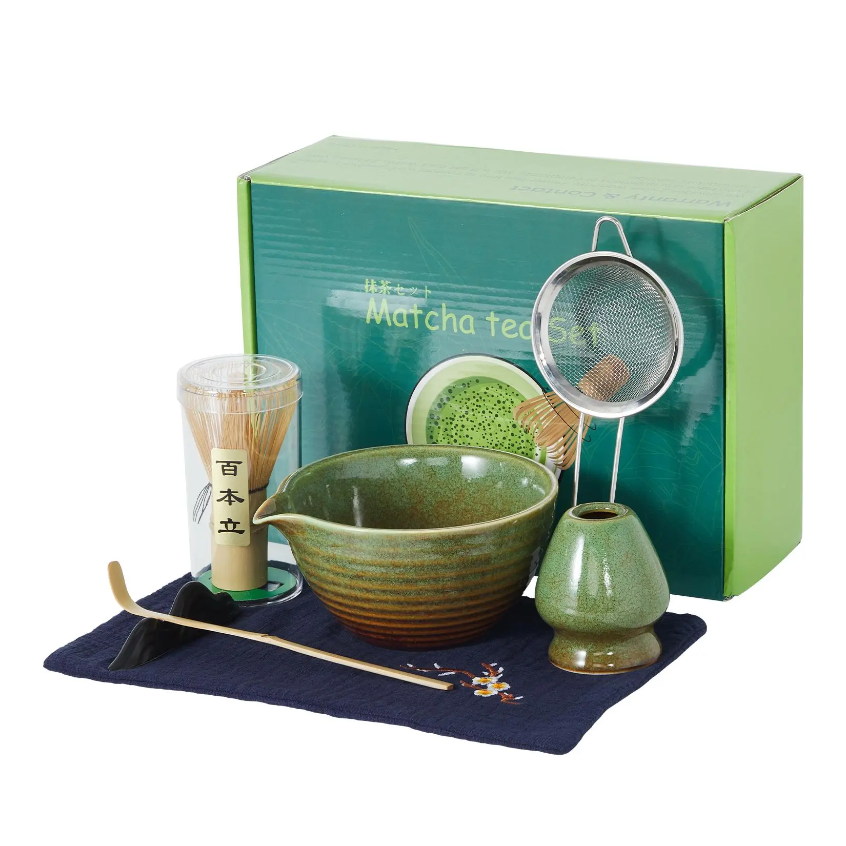 Traditional 7-Piece Japanese Matcha Tea Set - Ceremonial Grade Matcha Round Ceramic Bowl, Wooden Whisk & Holder, Wooden Scoop & Rest, Stainless Sifter, Tea Towel - Kiln-Changed Green Authentic Preparation Accessories, Round Bowl