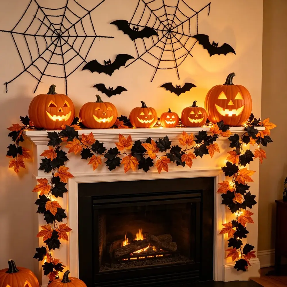5pc Autumn Maple Leaf Decorative vines,Black and Orange Mixed-Color Artificial Autumn Foliage Leaves Vines Decor  for Halloween, Wedding, Thanksgiving, Fireplace,Home, pumpkin Party, Christmas