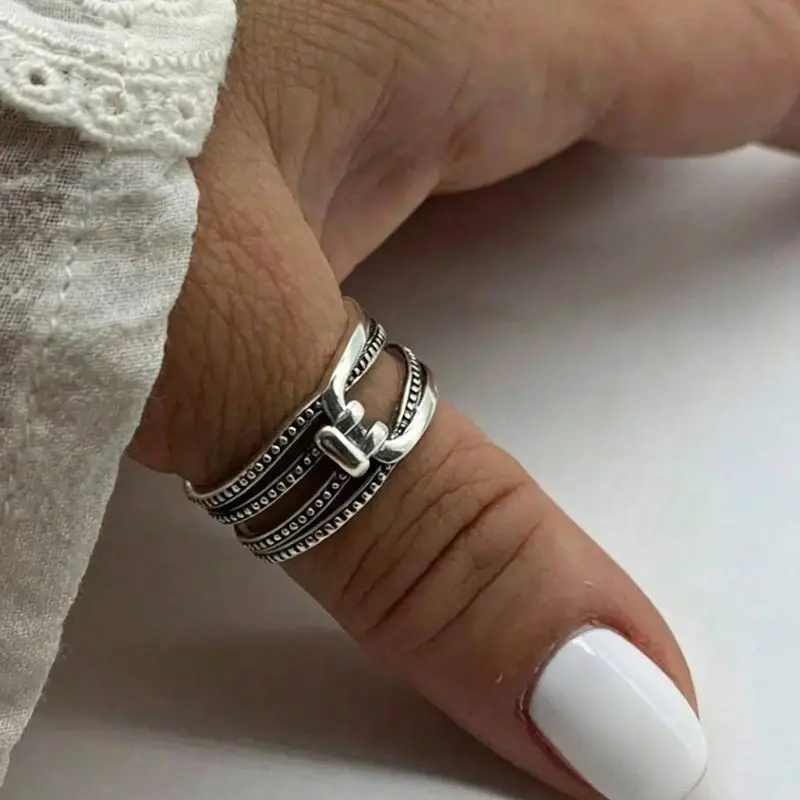 1 Piece Vintage Multi Band Knotted Wrap Ring, Antique Textured Beaded Layered Open Ring, Retro Women Stackable Finger Jewelry, Finger Rings