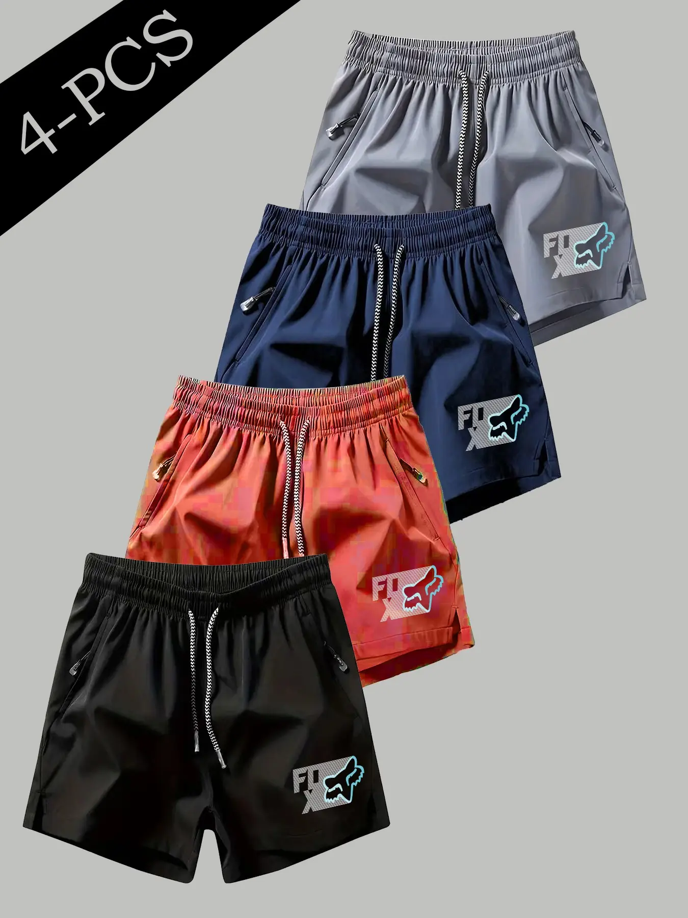 4-Pack American Motorcycle Shorts, Off-Road Fashion, Fox Head Print, Quick-Dry Breathable Fabric, Unisex, All Seasons, Casual Style