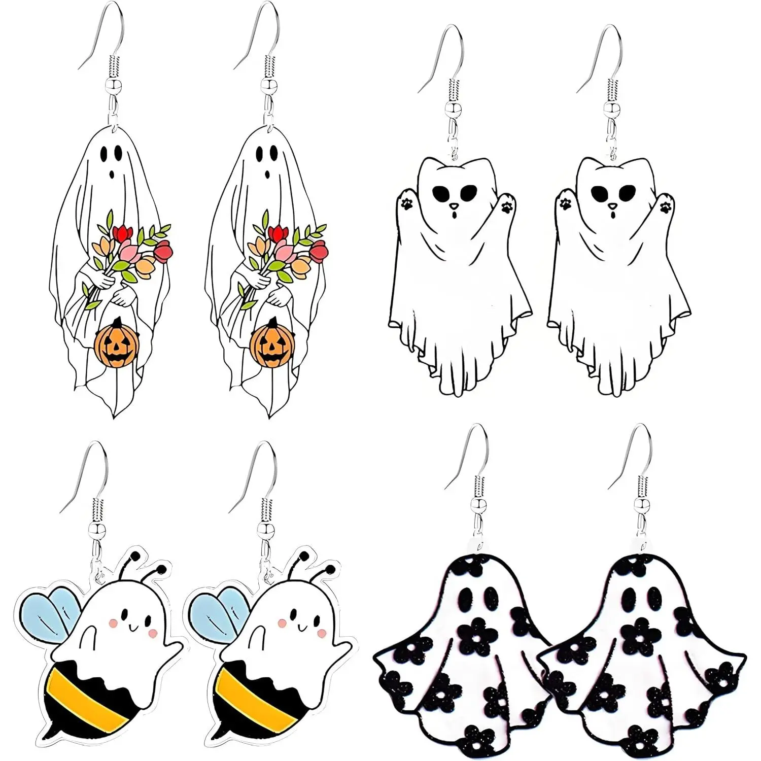 Women's 4-Pair Halloween Female Earrings Set, Lightweight Synthetic Comfortable Wear, Pumpkin/Skeletons Spooky Variety Halloween Costume Jewelry Accessories Gifts, Female Set, Halloween Party
