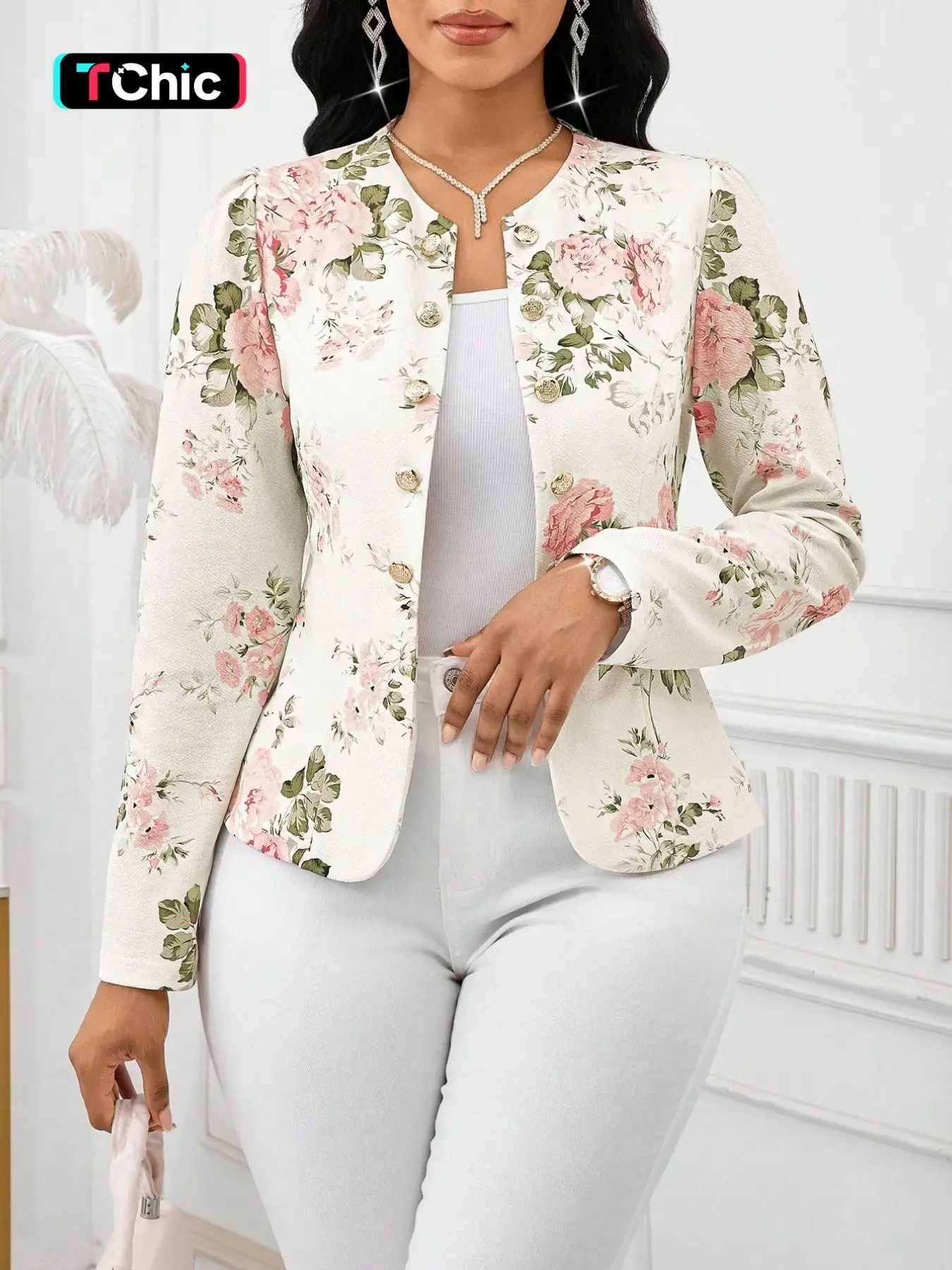 Women's Floral Style Lightweight Long Sleeve Open Front Dressy Blazer, Button Detail Design, Business Casual Outerwear for Fall & Winter