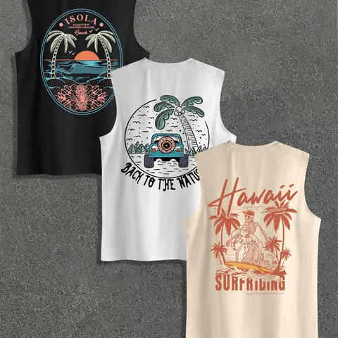 Men's Tropical Coconut Tree Print Round Neck Tank Top Vest Top, Regular Fit Casual Comfy Crew Neck Breathable Sleeveless Printed Top for Summer, Men's Top for Daily Wear, Vacation Clothes, Vest Tee, Menswear, Sleeveless Vest Tops