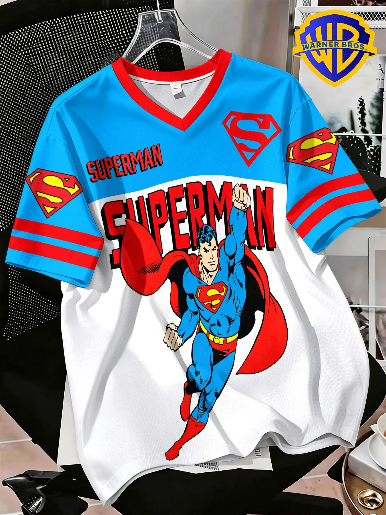 Plus Size Men's Digital Printed V-Neck T-Shirt, Superman Retro Style, Streetwear, Casual Long Tee, Perfect for Gifting