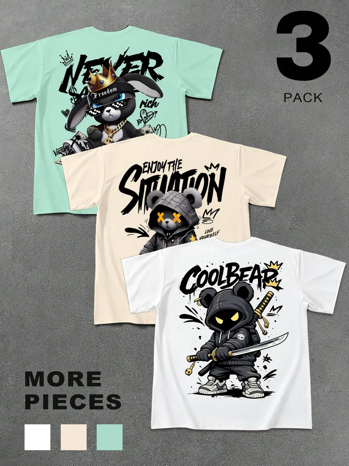 3-Pack Men's Summer Streetwear Bear T-Shirts, Casual Loose-Fit Long Sleeve, Trendy Graffiti & Hip-Hop Design, Perfect for Daily Wear