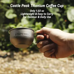 CASTLEPEAK Sustainable Ergonomic Pure Titanium Metal Coffee Cup - 6.09 fl oz Ultralight Collapsible Portable Camping Cup with Anti-Scalding Handle, Camp Kitchen Tableware for Hiking,Camping